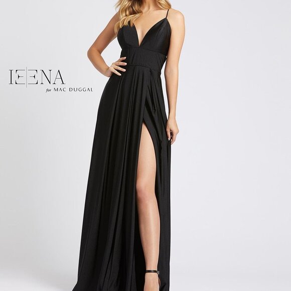 New Ieena For Mac Duggal Plunge Neck High Slit Gown Black Sz 10 26165 - Picture 1 of 7